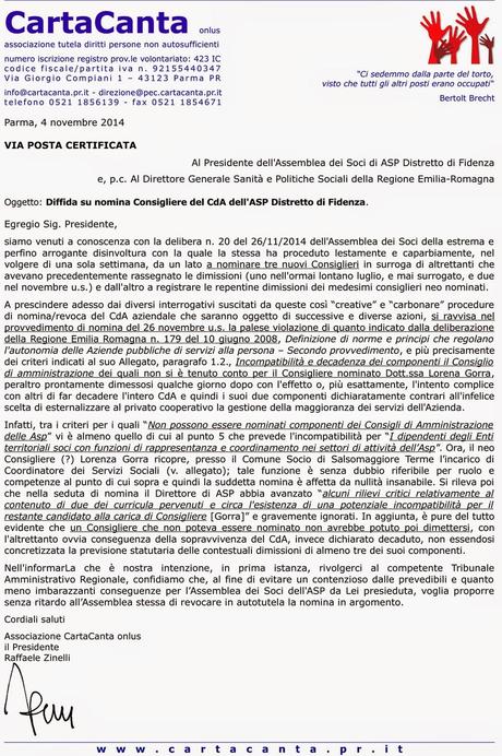 Diffida inviata al Presidente dell'Assemblea dei Soci dell'ASP di Fidenza.