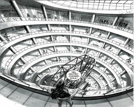 Le Storie #27 – Il fattore Z La scena del centro commerciale in tutta la sua bellezza: un'immagine che appare sprofondare in un baratro ed ha effetto horror vacui.