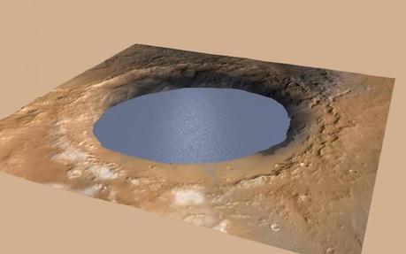 Illustrazione del lago di acqua che riempie parzialmente il Gale Crater su Marte: si tratta della neve che si scioglie sul bordo nord. Crediti: NASA/JPL-Caltech/ESA/DLR/FU Berlin/MSSS