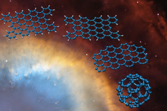 Uno spogliarello molecolare: colpita della luce, una grande molecola PAH si sveste di tutti gli atomi di idrogeno esterni, fino a mostrare lo scheletro nudo di carbonio. Con qualche ulteriore passaggio si può forma la ‘Buckyball’ di fullerene C60 rappresentata in basso a destra. Crediti: Leiden University Linnartz/Tielens