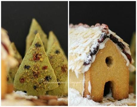 Alberelli biscotto al tè matcha, bacche di goji e frutti di bosco e casetta di biscotti