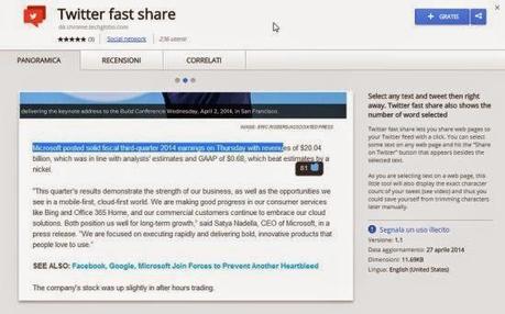 Twitter fast share: condividi velocemente su Twitter testi trovati sul web