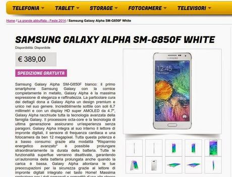 Promozione Samsung Galaxy Alpha a 389 euro