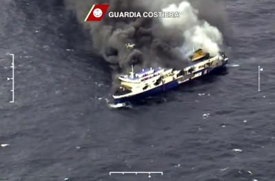 Handout video grab showing car ferry Norman Atlantic burning in waters off Greece