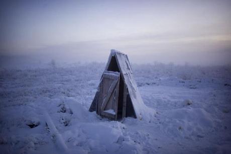 A toilet on the tundra at a petrol stop on the road to Oymyakon.

Journey to Oymyakon, considered by many to be the coldest permanently inhabited settlement in the world. The village was originally a stopover for reindeer herders who would water their flocks from a thermal spring. Known as the 