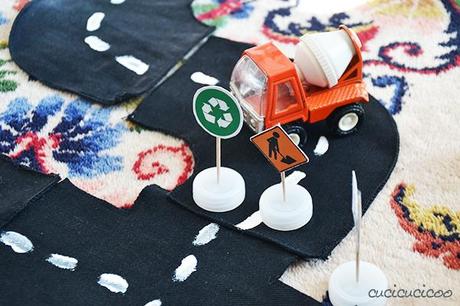 Three DIY street toys from repurposed materials for kids who love cars! Toy streets, street signs and a stoplight | www.cucicucicoo.com