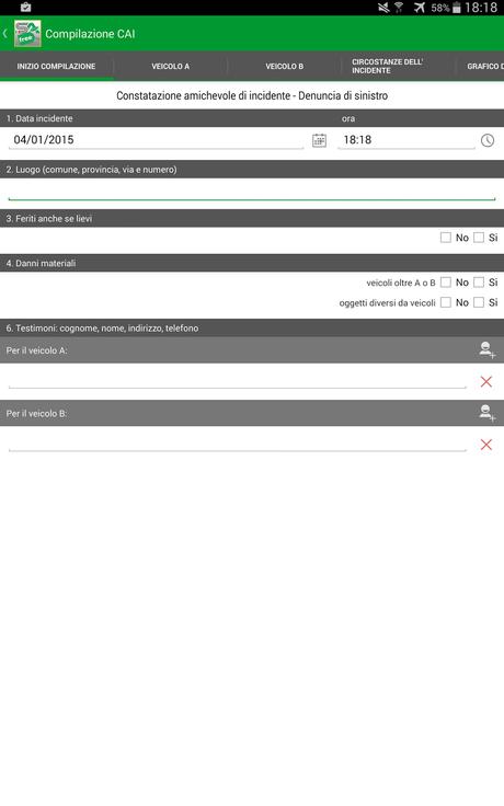 schermata di avvio della constatazione amichevole incidenti in SA Free