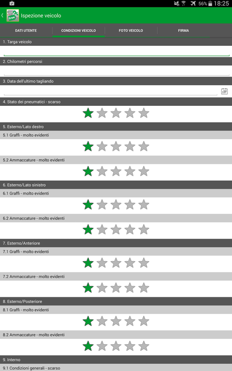 schermata in cui indicare le condizioni generali del veicolo (SA Free)