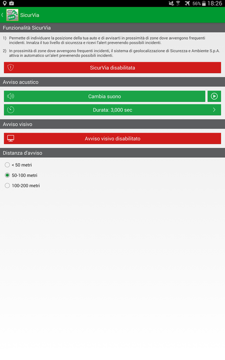 schermata con le impostazioni SicurVia (SA Free)