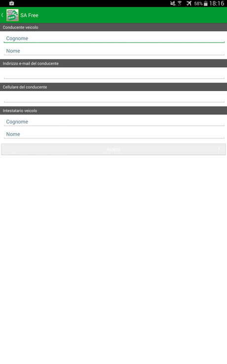 schermata in cui inserire i dati personali/contatti dell'utente SA Free