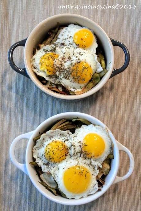 Cocotte con uova di quaglia e carciofi