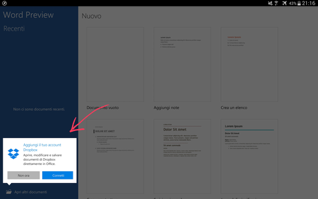 schermata di word per tablet in cui si puo' effettuare login in proprio account Dropbox