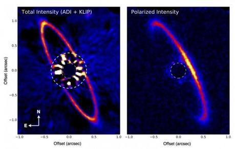 Una delle immagini prodotte da GPI: polarimetria del disco circumstellare attorno a HR 4796A. Crediti: Marshall Perrin (Space Telescope Science Institute), Gaspard Duchene (UC Berkeley), Max Millar-Blanchaer (University of Toronto), and the GPI Team.
