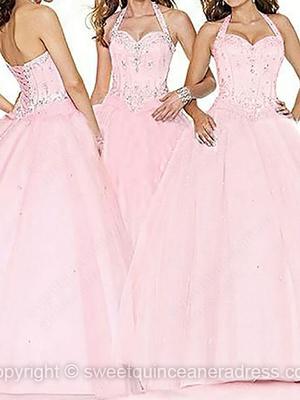 Halter Ball Gown Tulle Satin Floor-length Beading Quinceanera Dresses #SWEET02072009