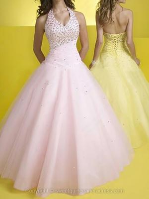 Halter Ball Gown Tulle Satin Floor-length Beading Quinceanera Dresses #SWEET02072053