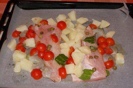 Filetto di Persico al forno con Patate e Gamberetti