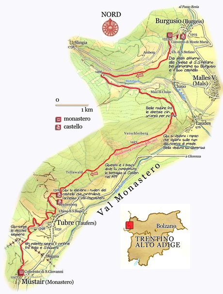 Mappa della Stundenweg Val Venosta Val Mustair