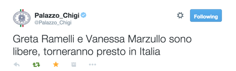 Il tweet dal profilo di Palazzo Chigi sulla liberazione di Greta e Vanessa (twitter.com)