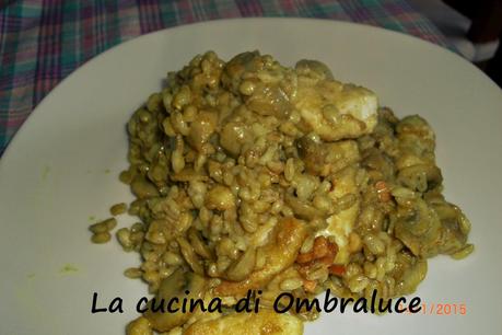 Orzotto con funghi e pepite di pollo