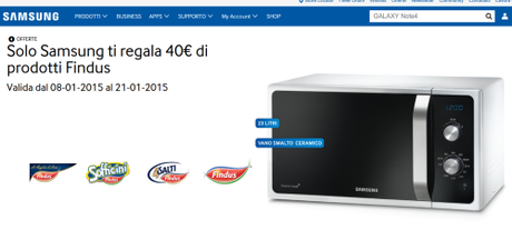 Promozione forno a microonde Samsung MG23F301ECW: 80 euro di buono sconto su prodotti Findus Promozione forno a microonde samsung Solo Samsung ti regala 40€ di prodotti Findus   SAMSUNG Italia