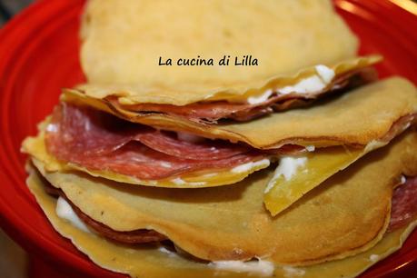 Antipasti: Crespelle di ceci con stracchino e salumi