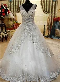 V Neck A Line Cathedral Train Crystals Sequin Appliques Luxury Wedding Gowns Bridal Dresses