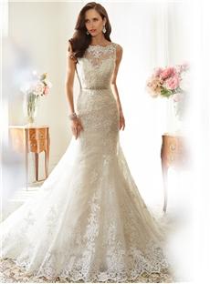 Fashional Lace Bateau Appliques Chapel Wedding Dress