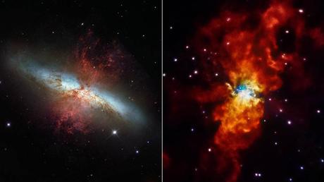 La Galassia Sigaro vista in due differenti luci: a sx nel visibile dallo Hubble Space Telescope , a dx in raggi X dall’osservatorio spaziale Chandra. Crediti: NASA/ESA/STScI/SAO