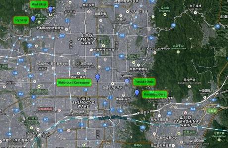 La mappa del primo giorno a Kyoto