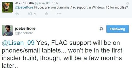Joe Belfiore tweet FLAC
