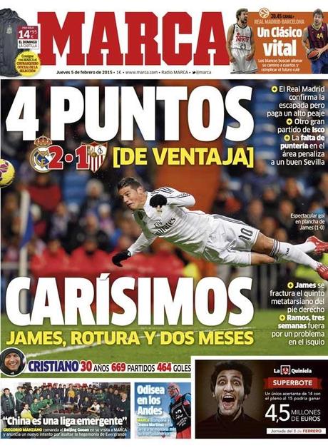 Marca, 5 febbraio – Real Madrid, James Rodriguez fuori due mesi; out anche Ramos e Marcelo
