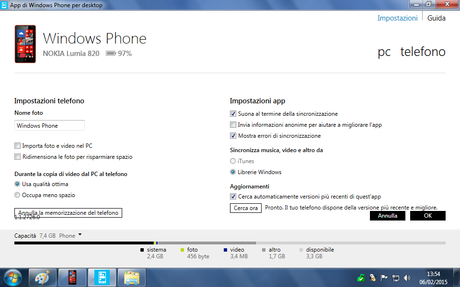 App di Windows Phone per desktop impostazioni