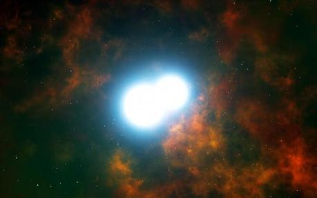 Rappresentazione artistica che mostra la zona centrale della nebulosa planetaria Henize 2-428. Il nucleo di questo oggetto singolare è formato da due nane bianche che piano piano si avvicineranno l'una all'altra fondendosi entro 700 milioni di anni. Questo evento produrrà una spettacolare supernova di tipo Ia e distruggerà entrambe le stelle. Crediti: ESO/L. Calçada