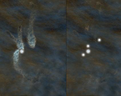 Rappresentazione  artistica di come B5 come appare oggi, a sinistra, e di come apparirà fra circa 40.000 anni quando si sarà formato il sistema multiplo di stelle, a destra. Crediti: Bill Saxton, NRAO/AUI/NSF