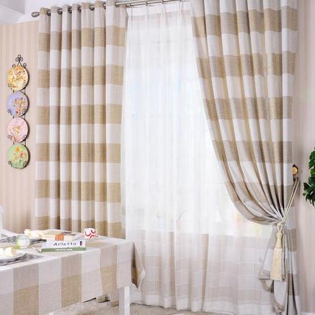Khaki Striped Eco-friendly Cotton and Linen Bedroom Curtains