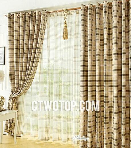 Cotton and Linen Blended Plaid Curtains of Two Panels
