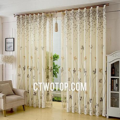 beige Patterned Leaf Cute Casual Bedroom Inexpensive Linen Curtains