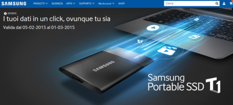 Promozione Samsung SSD T1: compri un SSD portable T1 e ricevi un regalo un buono sconto del 30% sull'acquisto di qualsiasi SSD su Samsung Shop Promozione Samsung SSD T1 I tuoi dati in un click  ovunque tu sia Promozione Samsung SSD T1: compri un SSD portable T1 e ricevi un regalo un buono sconto del 30% sull'acquisto di qualsiasi SSD su Samsung Shop  SAMSUNG Italia