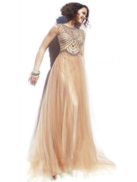 Scoop Sleeveless Floor-length Long Champagne Evening Dresses ED0302