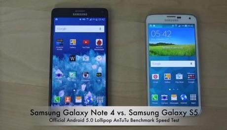 Samsung Galaxy Note 4 ( 5.0 Lollipop) vs Samsung Galaxy S5 (5.0 Lollipop): lo speed test di AnTuTu Official Android 5.0 Lollipop  Samsung Galaxy Note 4 vs. Samsung Galaxy S5 AnTuTu Speed Test   YouTube