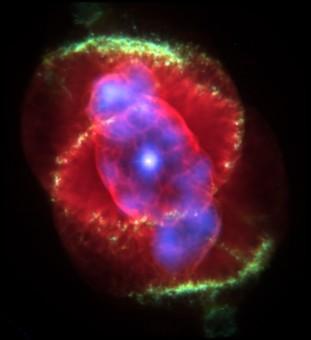 La nebulosa planetaria Occhio di Gatto, immagine composita costituita da immagini nel visibile (Telescopio spaziale Hubble) e nei raggi X (Chandra X-ray Observatory)