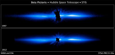 Come Hubble vede Beta Pictoris. La foto di sopra è del 1997 e quella di sotto è del 2012. Crediti: NASA, ESA, and D. Apai and G. Schneider (University of Arizona)