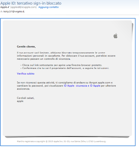 In arrivo altre e-mail Phishing di Apple, non apritele ma cestinatele immediatamente!