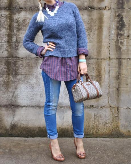 outfit jeans skinny camicia a  quadretti maglione blu outfit maglione e camicia outfit jeans e tacchi outfit invernali da donna outfit invernali casual outfit camicia a quadri come abbinare la camicia a quadri borsa bauletto di gucci decollete guess cuoio marrone come abbinare le scarpe marroni outfit scarpe marroni come abbinare il maglione blu outfit blu come abbinare il blu mariafelicia magno colorblock by felym mariafelicia magno fashion blogger color-block by felym fashion blog italiani blogger italiane di moda ragazze bionde acconciatura treccia laterale collana majique winter outfits jeans and heels how to wear jeans and heels outfit swearter and shirt blue sweater italian fashion bloggers fashion bloggers italy blonde girls guess luca barra gucci pimkie fornarina girls 