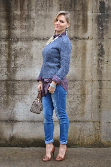 outfit jeans skinny camicia a  quadretti maglione blu outfit maglione e camicia outfit jeans e tacchi outfit invernali da donna outfit invernali casual outfit camicia a quadri come abbinare la camicia a quadri borsa bauletto di gucci decollete guess cuoio marrone come abbinare le scarpe marroni outfit scarpe marroni come abbinare il maglione blu outfit blu come abbinare il blu mariafelicia magno colorblock by felym mariafelicia magno fashion blogger color-block by felym fashion blog italiani blogger italiane di moda ragazze bionde acconciatura treccia laterale collana majique winter outfits jeans and heels how to wear jeans and heels outfit swearter and shirt blue sweater italian fashion bloggers fashion bloggers italy blonde girls guess luca barra gucci pimkie fornarina girls 