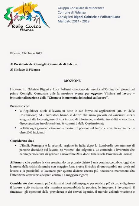 Sicurezza sul lavoro: due mozioni di Rete Civica Fidenza