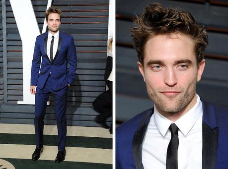 Robert Pattinson Oscar di Vanity Fair 2015 Dior Homme Blu Robert Pattinson e Orlando Bloom Wear Navy Dior Homme smoking al 2015 Vanity Fair Oscar Festa