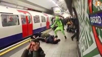 (VIDEO)Web Ironic Parody ''Football hooligans prevent Green man boarding London metro train 2020.''