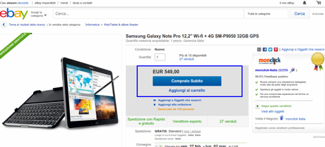 Samsung Galaxy Note Pro 12.2 LTE a 549 euro sul canale eBay di Monclick