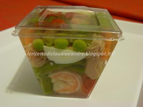 Aspic con verdure, mazzancolle e tonno